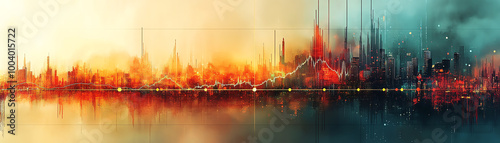 Vivid abstract art depicting a futuristic city skyline reflecting on water with vibrant colors and modern architecture.