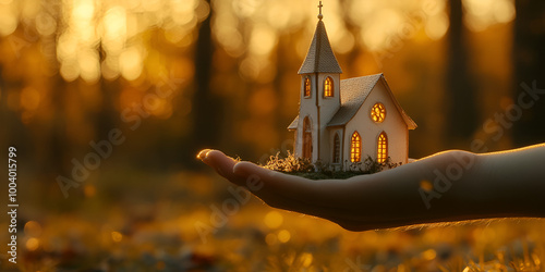 Small House Model in Hand Against Golden Autumn Backdrop Real Estate Concept