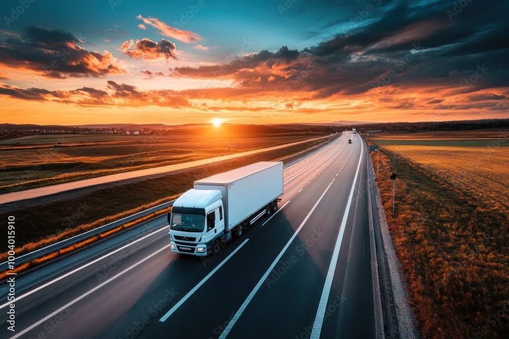 White Delivery Van on Open Highway at Sunset White Delivery Van on Open Highway at Sunset