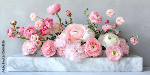 Lush Pink Ranunculus Flowers Arranged on Marble Slab