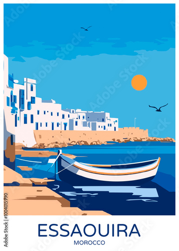 Essaouira Morocco Poster Illustration Travel Print Decor Gift Paper Canvas Wall Retro Art