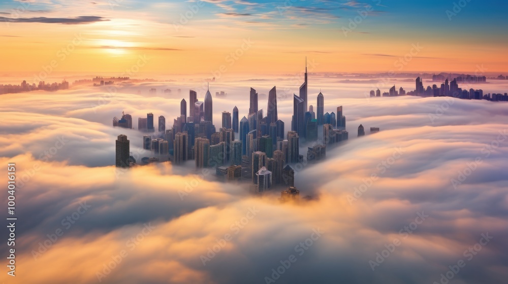 Towering skyscrapers pierce through a sea of clouds at dawn, creating a surreal cityscape blending nature and urban marvels. Towering skyscrapers pierce through a sea of clouds at dawn, creating a surreal cityscape blending nature and urban marvels.