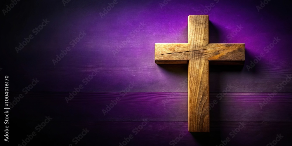 Worm's eye view wooden cross symbolizing faith and spirituality on dark purple background with copy space made of ashes Worm's eye view wooden cross symbolizing faith and spirituality on dark purple background with copy space made of ashes