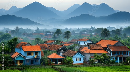 Misty village morning with fields, fences, and distant mountain peaks hidden in fog photo