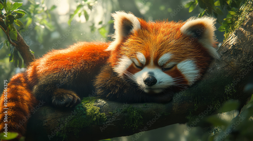 Naklejka premium A red panda curled up on a tree branch, surrounded by lush greenery,