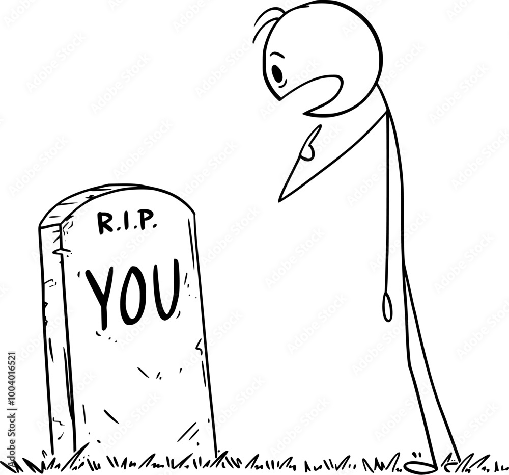 Shocked person found his own grave , vector cartoon stick figure or character illustration.