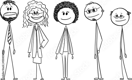 Diverse team of coworkers or business people , vector cartoon stick figure or character illustration.