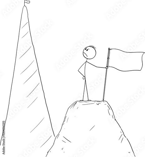 Person on the top looking for another success, achievement or victory , vector cartoon stick figure or character illustration.