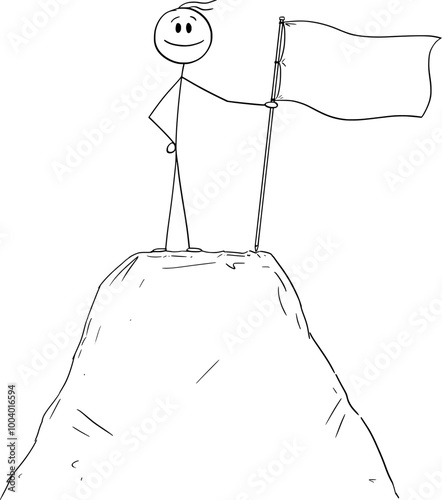 Person standing with flag on the top of hill, success or winner concept , vector cartoon stick figure or character illustration.