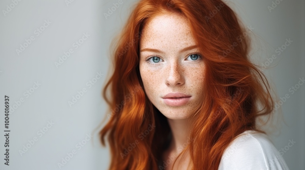 A striking young woman with bright red hair and freckled face gazes confidently into the camera, radiating natural beauty and poise. A striking young woman with bright red hair and freckled face gazes confidently into the camera, radiating natural beauty and poise.