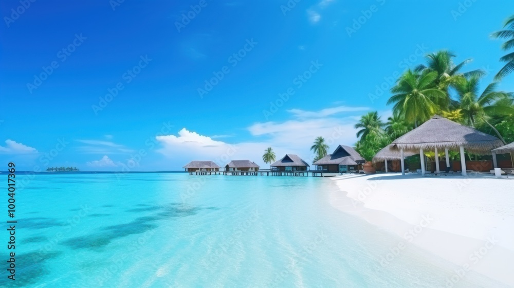 Fototapeta premium A Maldives island with pristine white sands, clear turquoise waters, and overwater bungalows offers an idyllic scene of a perfect tropical paradise.
