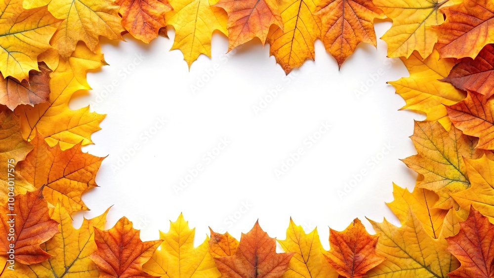 Yellow and orange leaves border frame reflected on white background Yellow and orange leaves border frame reflected on white background