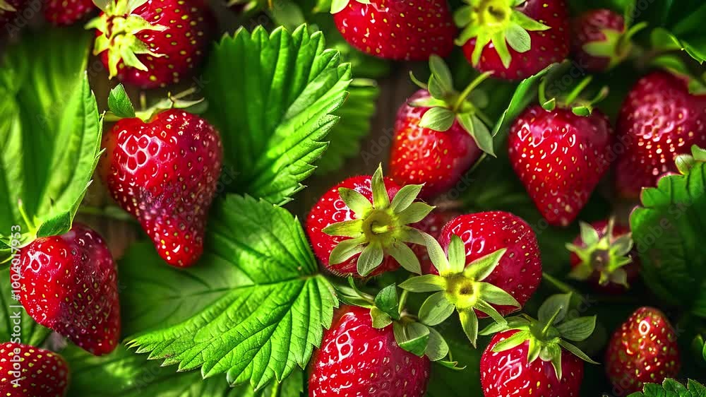 Close up of fresh strawberry fruit background with leaves, top view. Photorealistic high resolution macro photography for advertising or food design. Close up of fresh strawberry fruit background with leaves, top view. Photorealistic high resolution macro photography for advertising or food design.