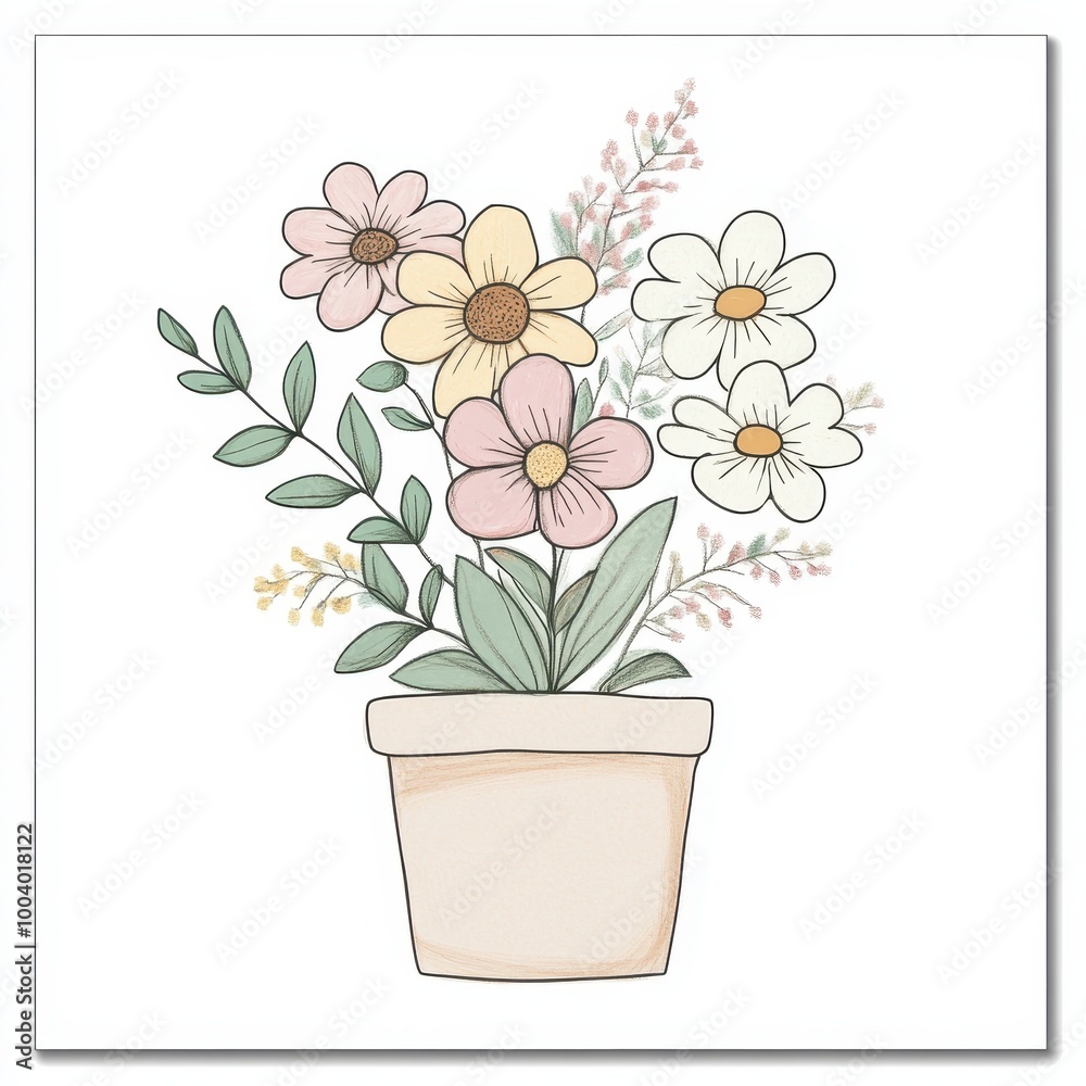 Naklejka premium A decorative illustration of flowers in a pot, showcasing a soft and artistic design.