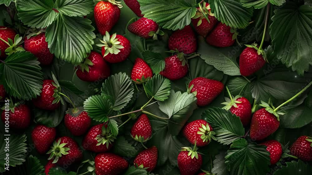 Close up of fresh strawberry fruit background with leaves, top view. Photorealistic high resolution macro photography for advertising or food design. Close up of fresh strawberry fruit background with leaves, top view. Photorealistic high resolution macro photography for advertising or food design.