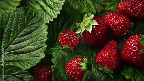 Close up of fresh strawberry fruit background with leaves, top view. Photorealistic high resolution macro photography for advertising or food design.