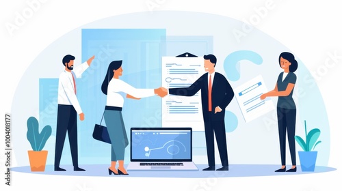 Business professionals shake hands, finalizing a contract agreement surrounded by colleagues and paperwork, symbolizing successful partnership and collaboration.