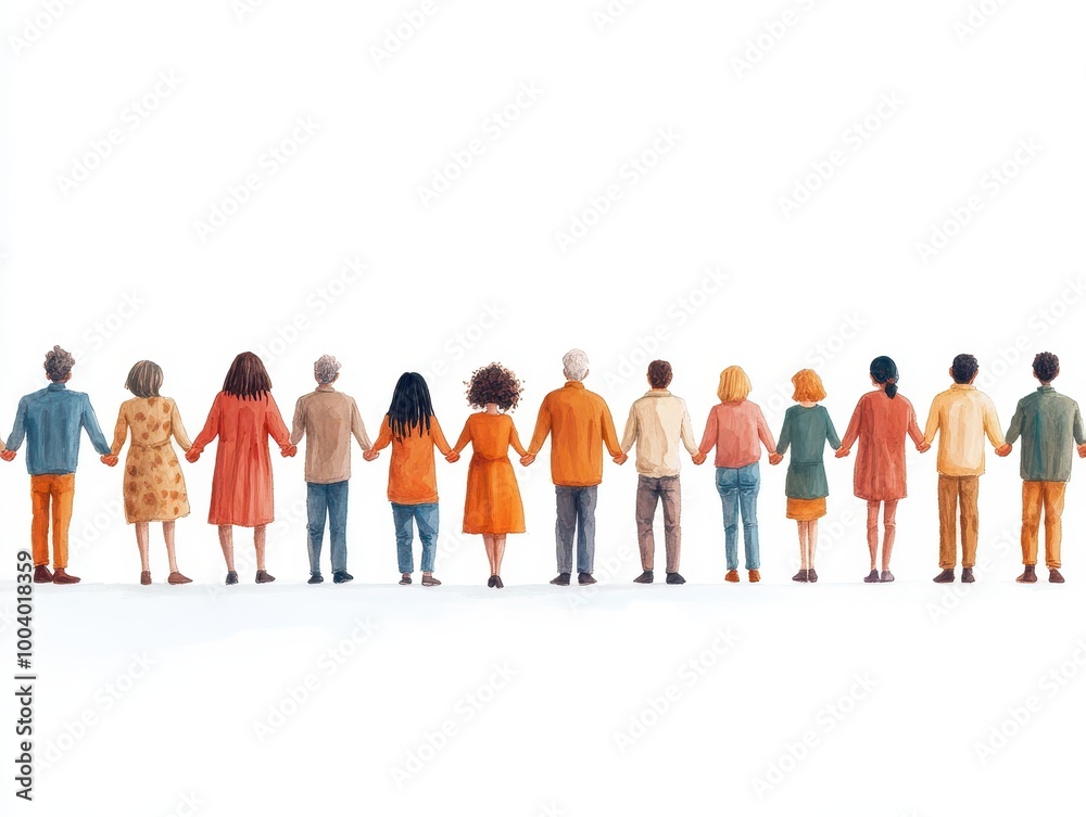 People of different generations and ethnicities standing in a human chain, representing solidarity and the power of community People of different generations and ethnicities standing in a human chain, representing solidarity and the power of community