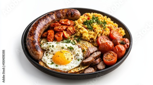 A delicious breakfast plate featuring sausage, eggs, tomatoes, and scrambled eggs, beautifully arranged for a mouthwatering presentation.