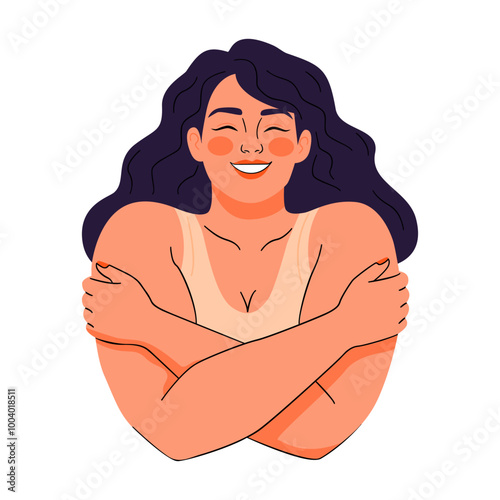 Woman Embracing Herself with Happy Expression