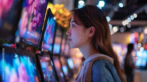 Young woman is shopping for a TV in a Tech Store. Choosing the best device for entertainment