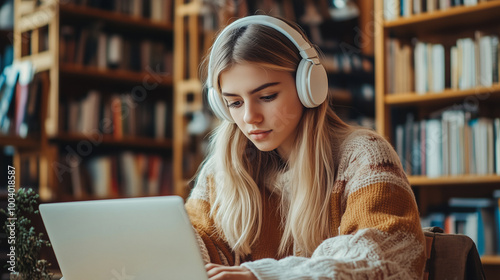 Girl wearing headphones and studying on a laptop