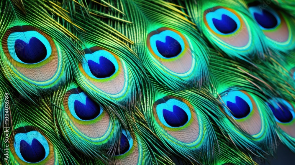 Obraz premium Close-up of vibrant peacock feathers with intricate patterns and iridescent colors highlighting the stunning beauty of nature.