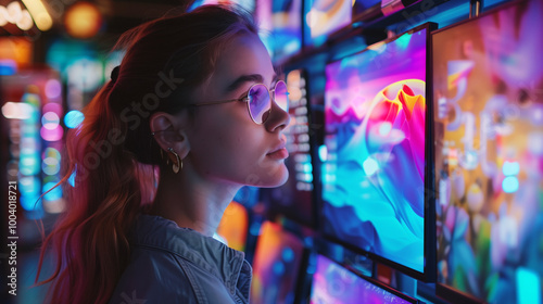 Young woman is сhoosing for a TV in a Tech Store. 
Finding the best entertainment device