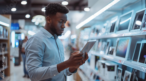 Handsome Young Man Shopping for a Tablet in a Home Electronics Store. Manager is checking device