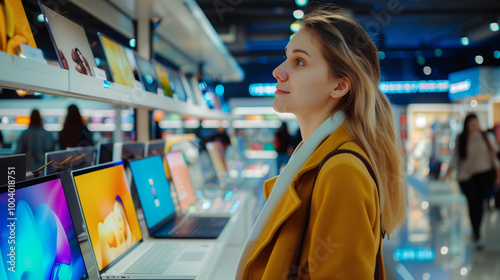 Young woman in yellow coat is shopping for a Laptop in a Tech Store. Choice the best device for work and home