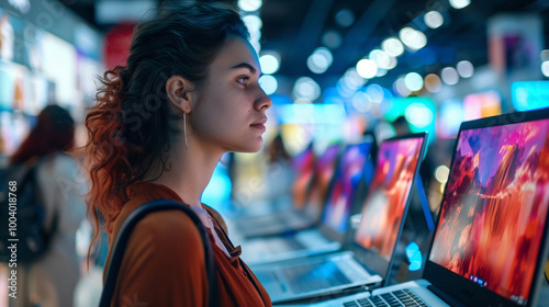 Young Woman Shopping for a Laptop in a Home Tech Store. Choosing The Best Device for Work and Home