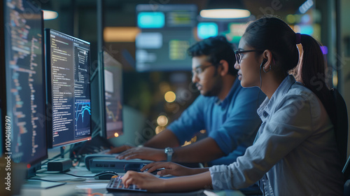 Code review, Software Developer Discuss a Project with a Female Team Leader. Team of Programmers Work on Desktop Computers at  Modern Workplace. 