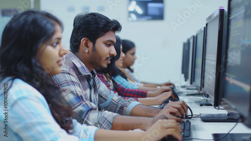 Young Team of Specialists Working on Desktop Computers at a Modern Workplace. Team work, support, QA department