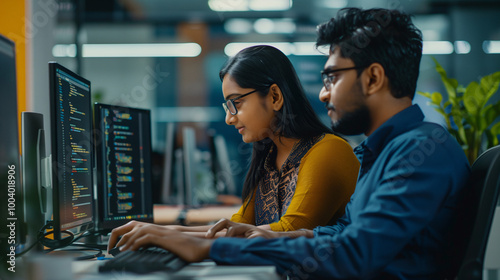Young Team of Specialists Working on Desktop Computers at a Modern Workplace. Software Developer Discussing a Financial Software Project with a Female Team Leader