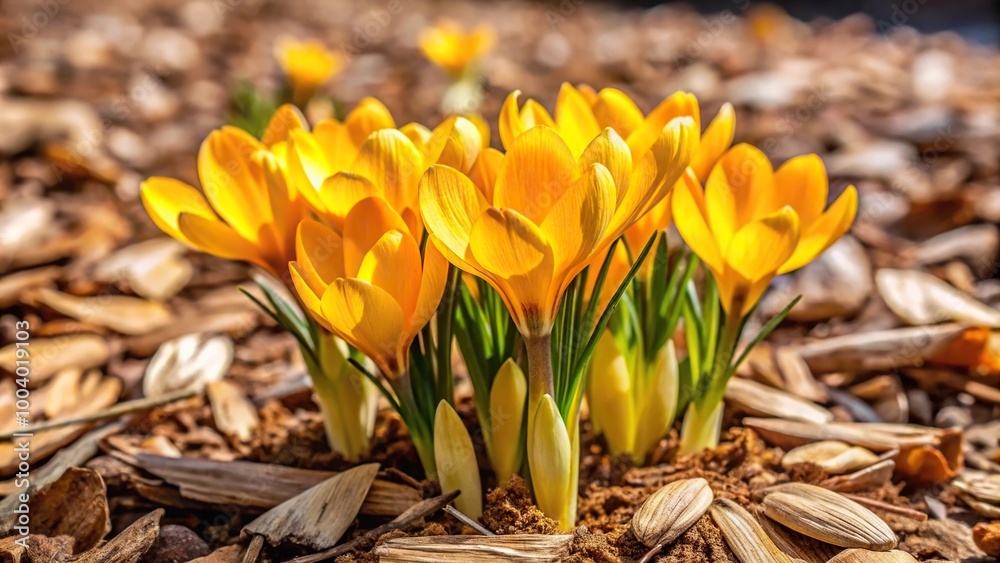Yellow crocuses on wood chips background Yellow crocuses on wood chips background