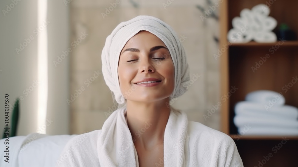 A serene woman enjoys a spa day, radiantly smiling with her eyes closed, wrapped in a white towel in a tranquil, warmly lit environment, embodying luxury and self-care. A serene woman enjoys a spa day, radiantly smiling with her eyes closed, wrapped in a white towel in a tranquil, warmly lit environment, embodying luxury and self-care.