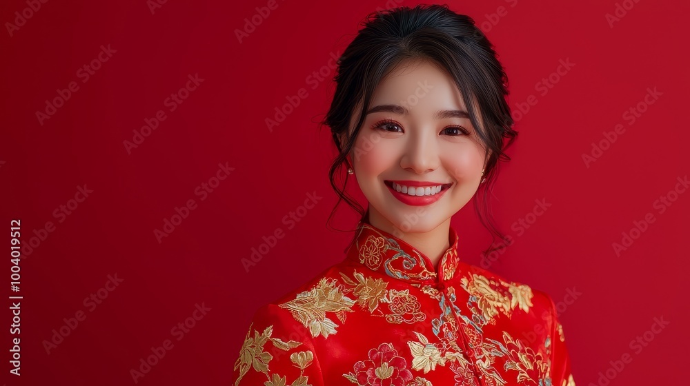 Cheerful woman in a red cheongsam with golden motifs, embodying cultural elegance against a red background. Cheerful woman in a red cheongsam with golden motifs, embodying cultural elegance against a red background.