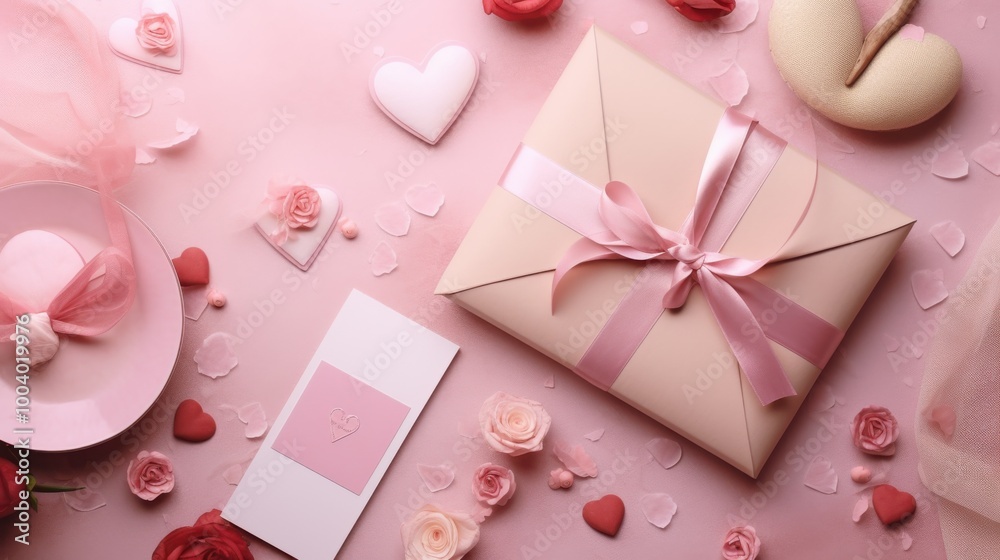 An elegant pink flat lay featuring lollipops, heart-shaped decorations, and a gift box, evoking a sense of sweetness and romance. An elegant pink flat lay featuring lollipops, heart-shaped decorations, and a gift box, evoking a sense of sweetness and romance.