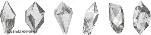 3D vector gradient geometric shapes with noise effect. Cube, cylinder, triangle, rhombus with grainy dot texture.