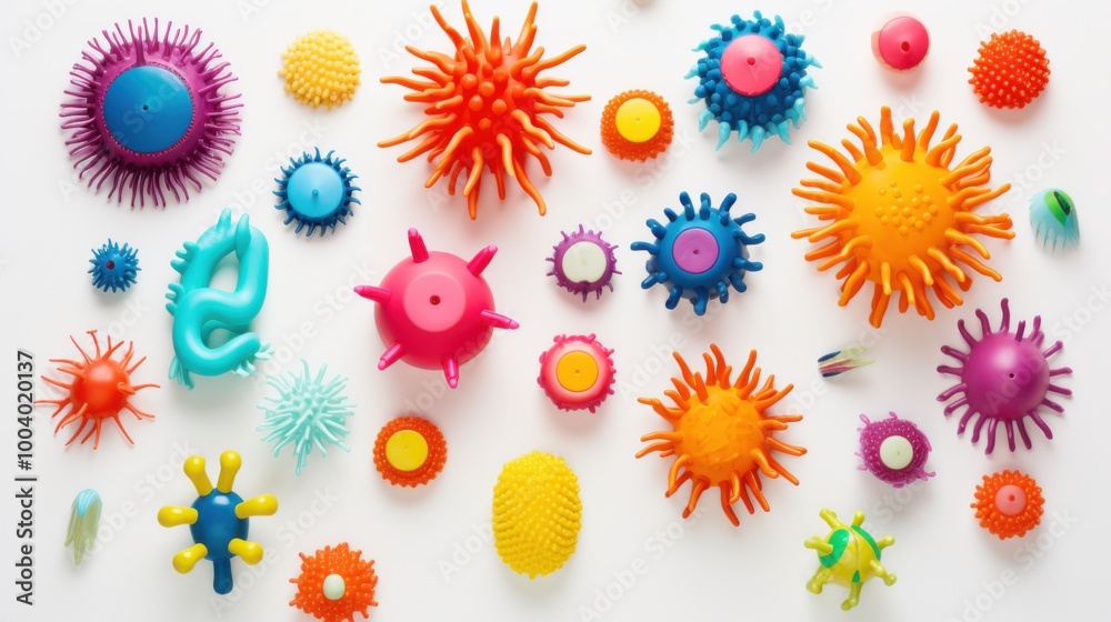 Brightly colored plastic toy viruses and bacteria arranged playfully on a white background showcasing different shapes and sizes.