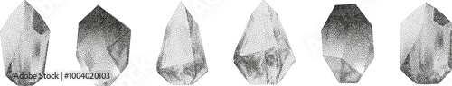 3D vector gradient geometric shapes with noise effect. Cube, cylinder, triangle, rhombus with grainy dot texture.