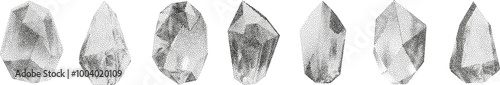 3D vector gradient geometric shapes with noise effect. Cube, cylinder, triangle, rhombus with grainy dot texture.