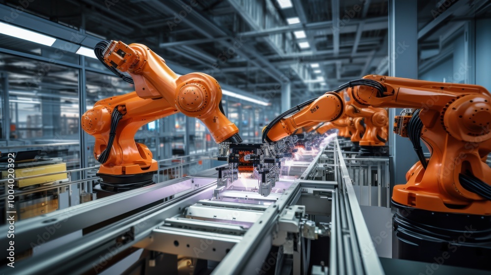 Advanced robotic arms operate with precision in a high-tech manufacturing environment, showcasing the pinnacle of automation and engineering. Advanced robotic arms operate with precision in a high-tech manufacturing environment, showcasing the pinnacle of automation and engineering.