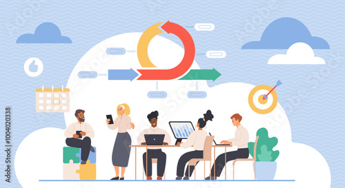 Scrum process of business project development by team with agile methodology. Tiny people work with daily task sprint method for workflow management and integration cartoon vector illustration