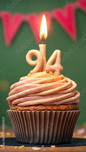 Birthday cupcake with burning lit candle with number 94. Number ninety-four for ninety-four years or ninety-fourth anniversary. photo