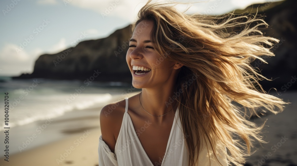 A woman with wind-blown hair laughs joyfully by the beach, the coastal breeze adding to the sense of freedom and happiness under a bright sky. A woman with wind-blown hair laughs joyfully by the beach, the coastal breeze adding to the sense of freedom and happiness under a bright sky.