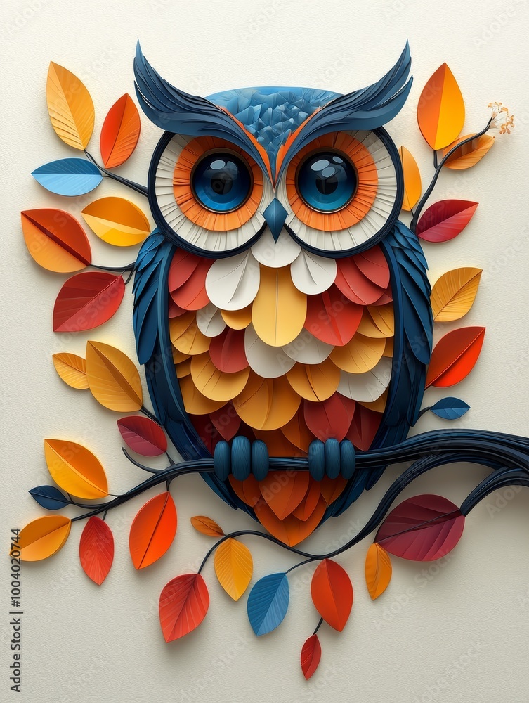 Cute Playful Owl 3D Art with Colorful Leaves Cute Playful Owl 3D Art with Colorful Leaves
