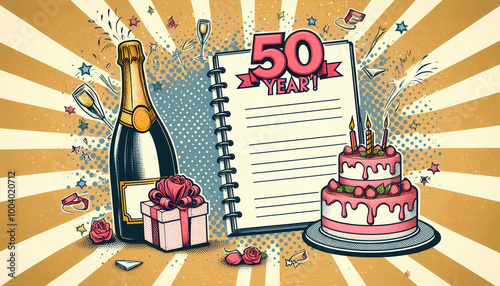 A retro-style illustration featuring a champagne bottle, gift, birthday cake, and a blank page with 