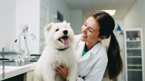 A woman in a white coat shares a joyful moment with a happy dog in a veterinary clinic, highlighting care and companionship.
