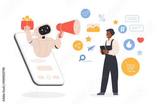 Social media marketing automation with AI service and chatbot. Tiny man and robot assistant with megaphone and gift working on advertising content or product online cartoon vector illustration